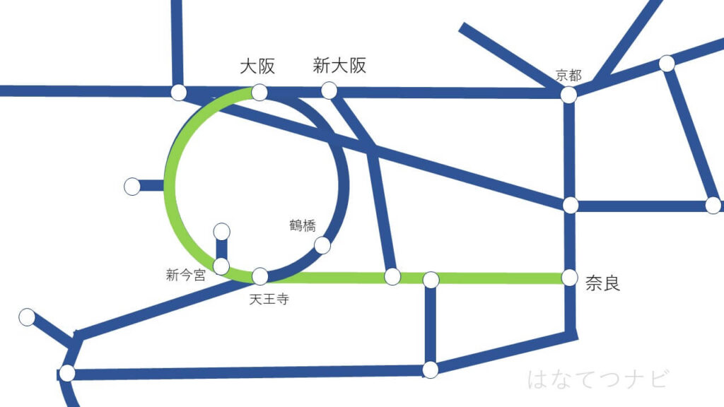 大阪駅から奈良駅まで大和路快速をつかった路線図