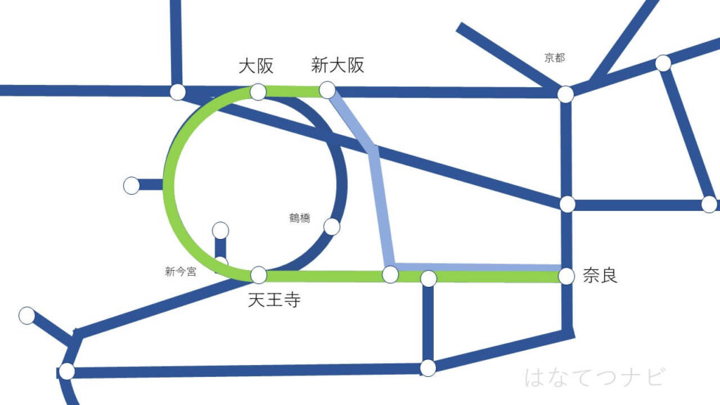新大阪駅から奈良まで行く2つのルートの路線図